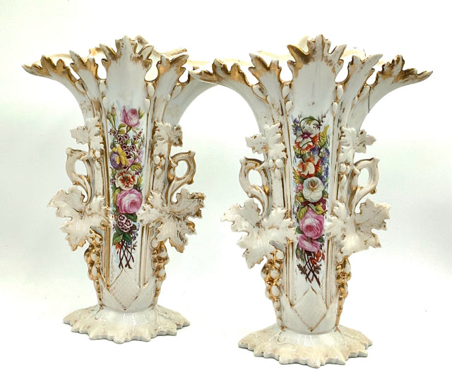 Pair of Antique German Ceramic Vases with Floral Design AS-IS
