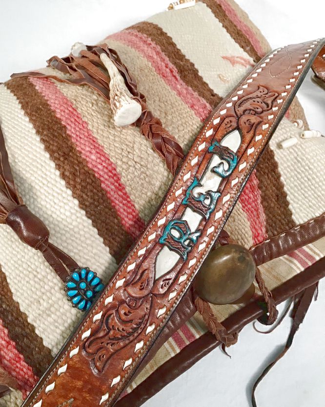 SCOUT Artisan Navajo Rug, Turq Concha, Shell Fringe Belt Strap Bag