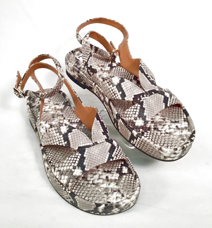 KATE SPADE Blk Gry Snake Print Leather Marshmallow Ankle Wrap Sandals 7