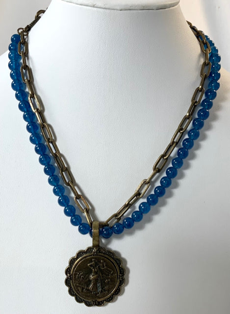 Brass Chain Link & Blue Agate Beaded Necklace with French- Inspired Pendant