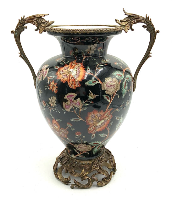 Black Floral Ceramic Urn with Bronze Accents
