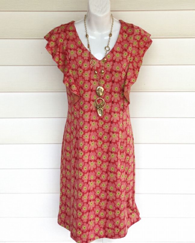 TYLER BOE Coral/Lime Floral Ruffle Front Cap Sleeve Dress