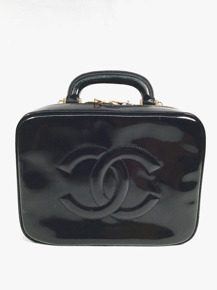 CHANEL Vintage Black Patent Leather Logo Top Handle Vanity Case 1996-1997