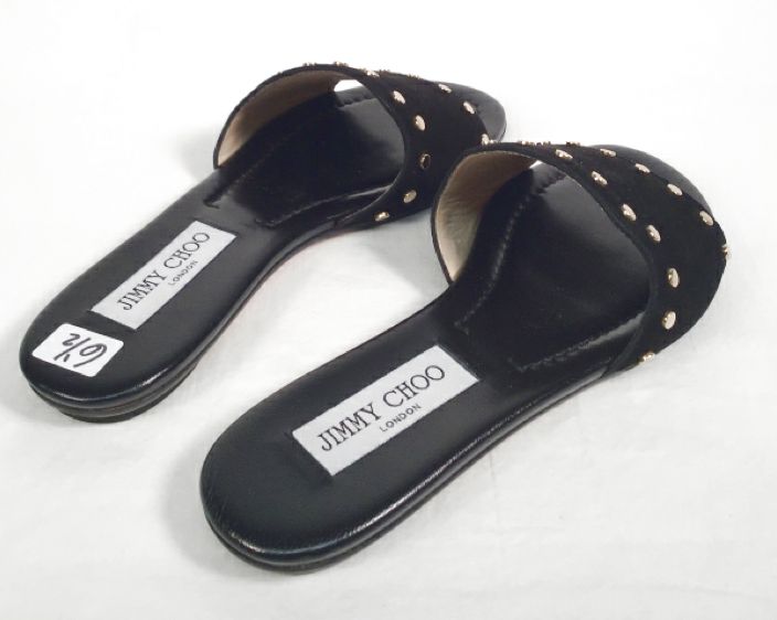 JIMMY CHOO Black Suede Gold Stud Nanda Slide Sandals 6.5