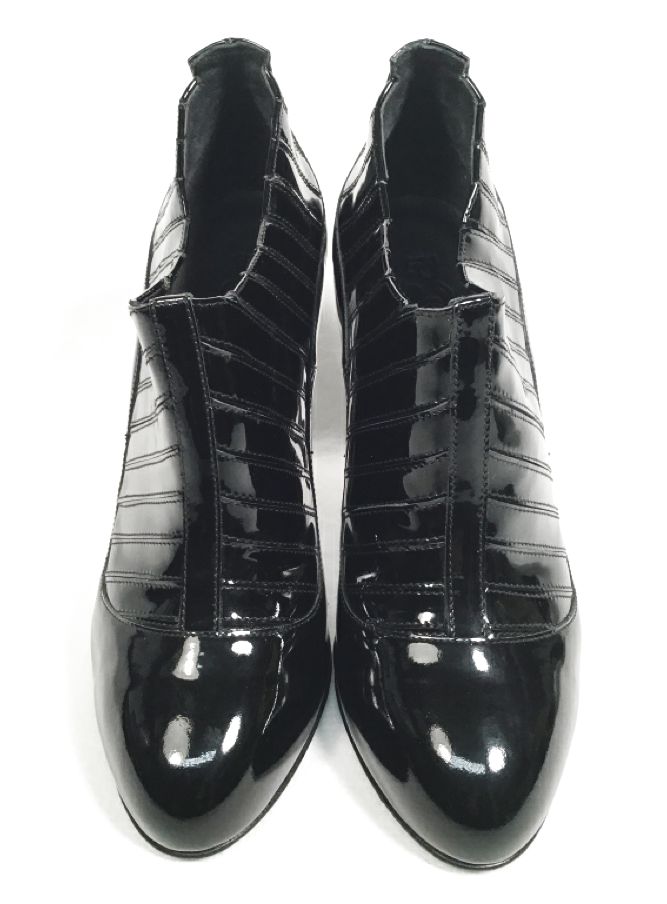 CHANEL Black Patent Leather Stitched Ankle Boots 38.5